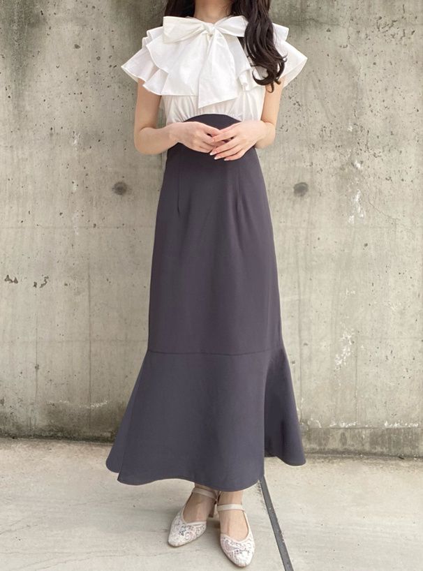 日本 GRL - 華麗蝴蝶結拼接魚尾洋裝-黑x白