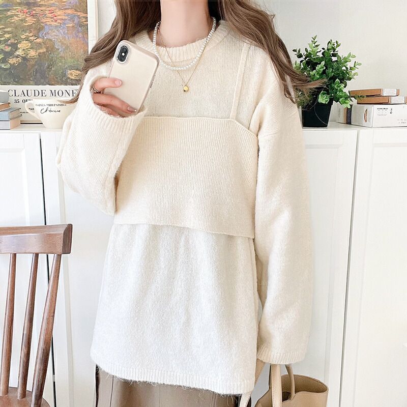 日本 Classical Elf - 二件式針織修身長版上衣+細肩背心-可可卡其