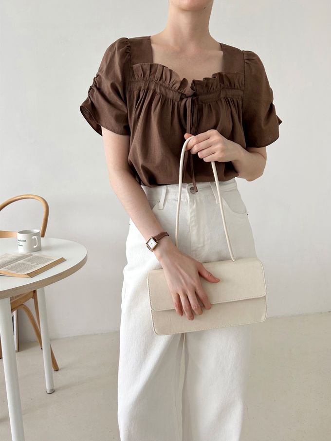 韓國女裝連線 - 波浪方領棉麻短袖上衣-白 (FREE)