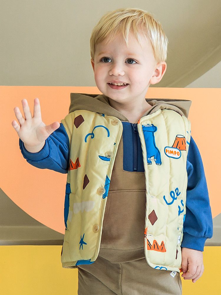 韓國Pimpollo - 手繪風自信恐龍保暖背心-灰