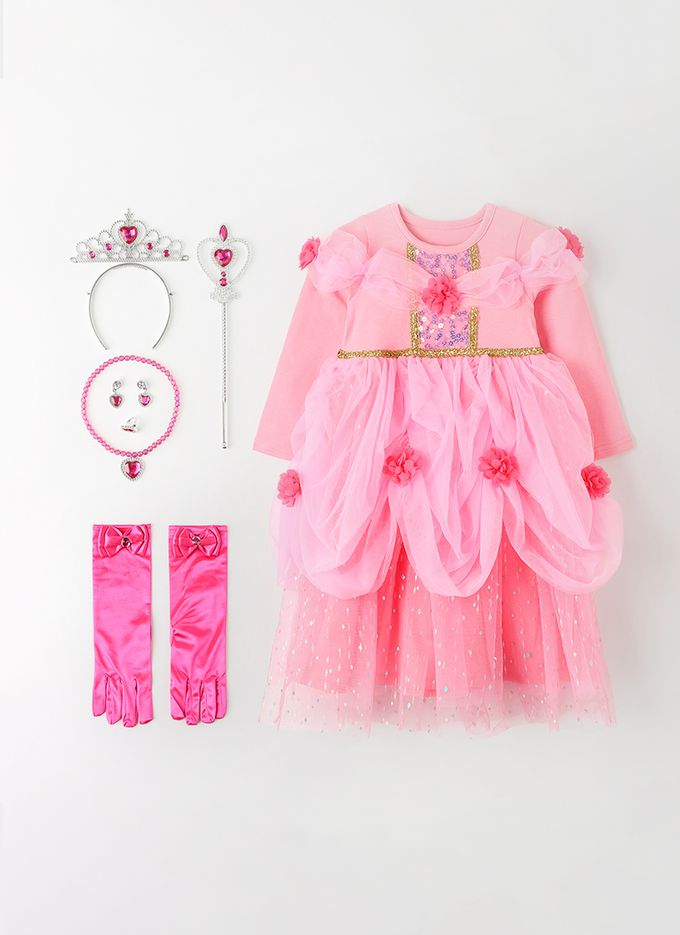 韓國 OZKIZ - (附配飾)花朵層次裝飾公主網紗洋裝-粉