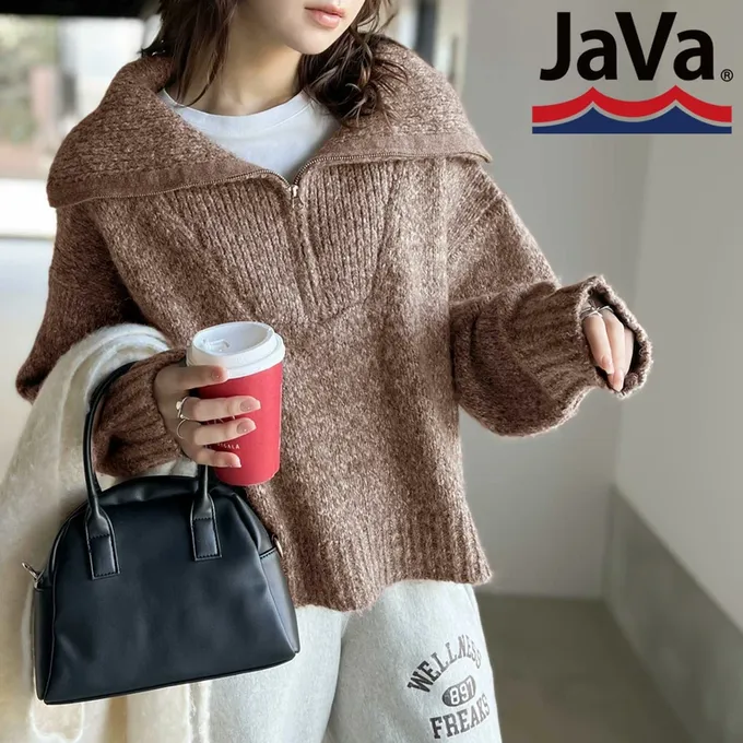 日本 Classical Elf - Java 半拉鏈率性寬鬆素面毛衣-米杏