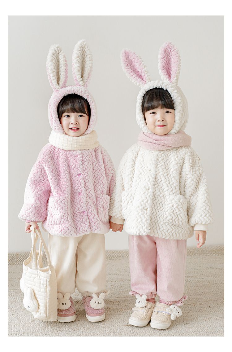 TONGMO - 立體造型毛絨保暖連帽外套-兔耳朵-粉色