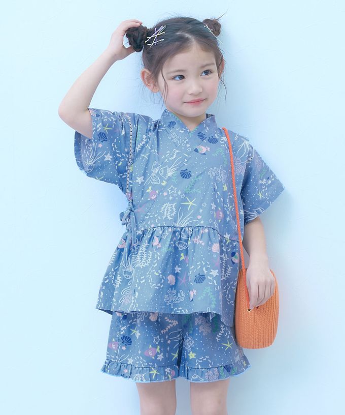 日本 devirock - [推薦]夢幻女孩荷葉邊甚平套裝-小花-淺粉