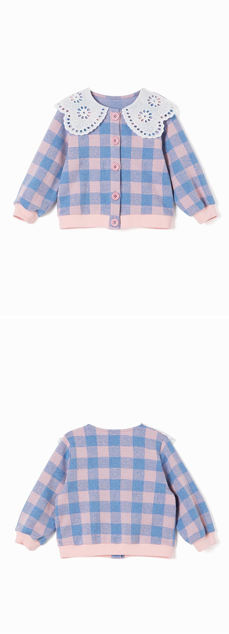 韓國 OZKIZ - 蕾絲領棋盤格單排釦針織小外套