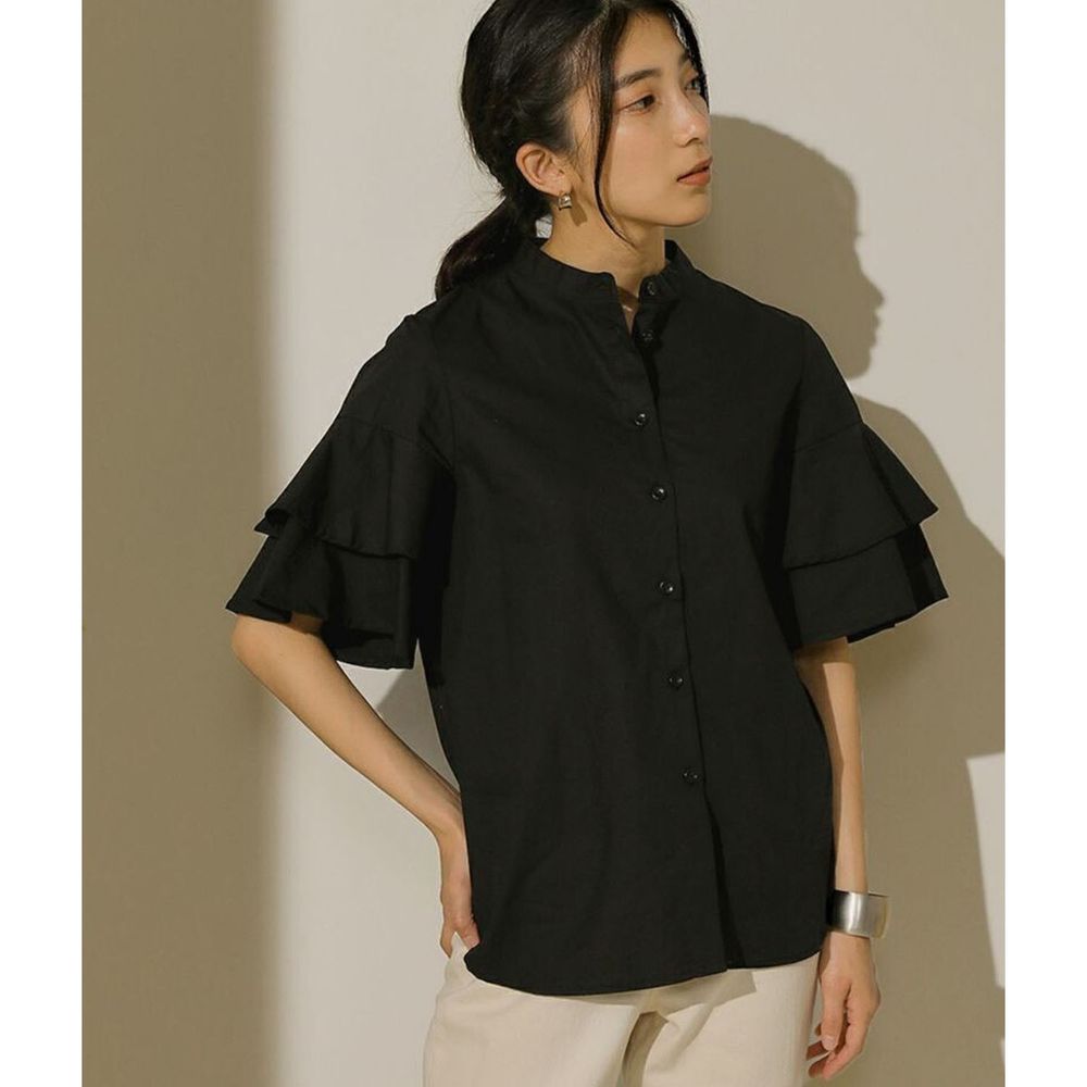 日本 Bou Jeloud - 雙層荷葉設計短袖襯衫-黑