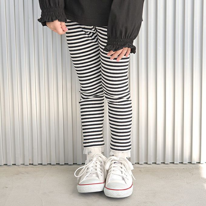 日本 Lycee mine - 下擺酷甜薄紗合身九分褲-條紋-黑白