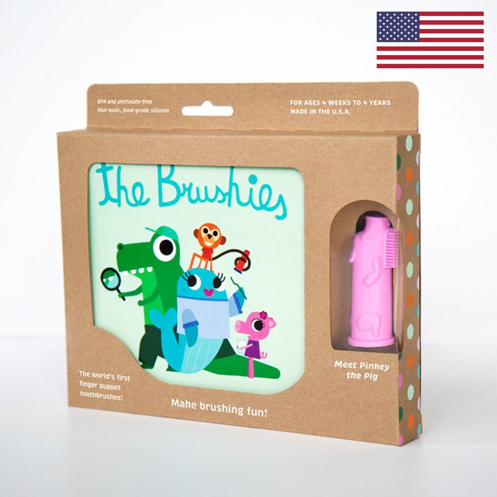 美國 The Brushies - 手指玩偶造型牙刷套組-豬小妹-1本英文童書+1支角色手指牙刷
