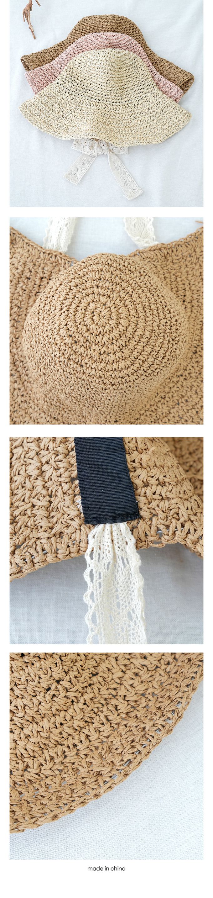 韓國 Soo&Soo - 蕾絲緞帶裝飾編織遮陽帽-奶茶咖