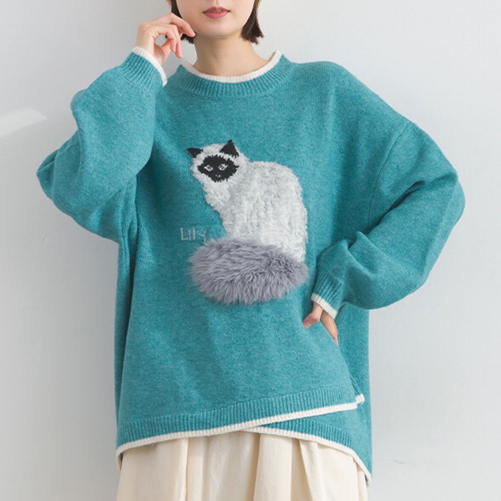 毛絨尾巴貓咪設計感針織長袖上衣-藍綠