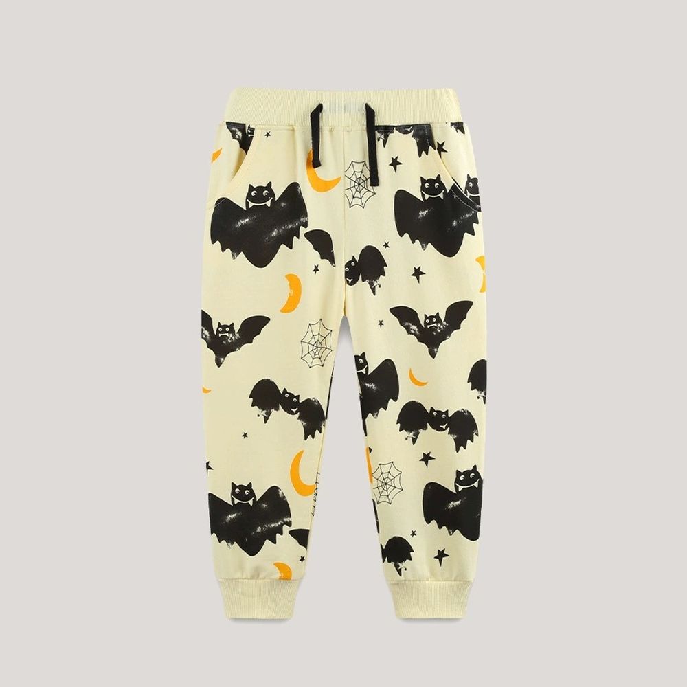 [萬聖節]純棉腰鬆緊休閒束口長褲-黑夜蝙蝠-米杏