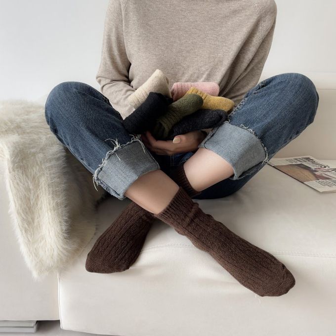 韓國Marian - 花紋素色羊毛保暖襪-芥茉黃 (Free)