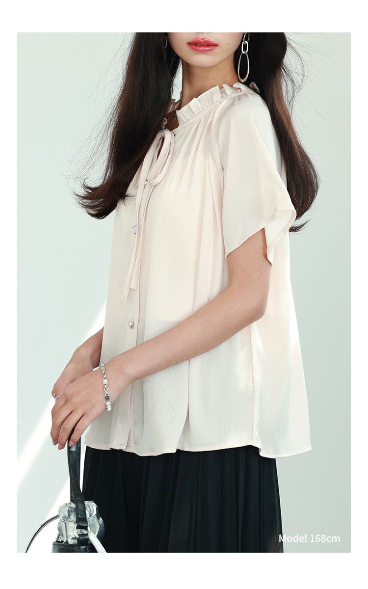 日本女裝代購 - 甜美綁帶木耳領短袖襯衫-白