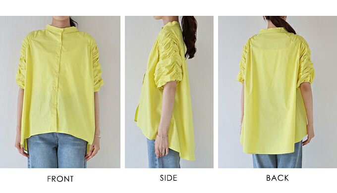 日本 BLUE EAST - 優雅小立領抓皺五分袖襯衫-水藍