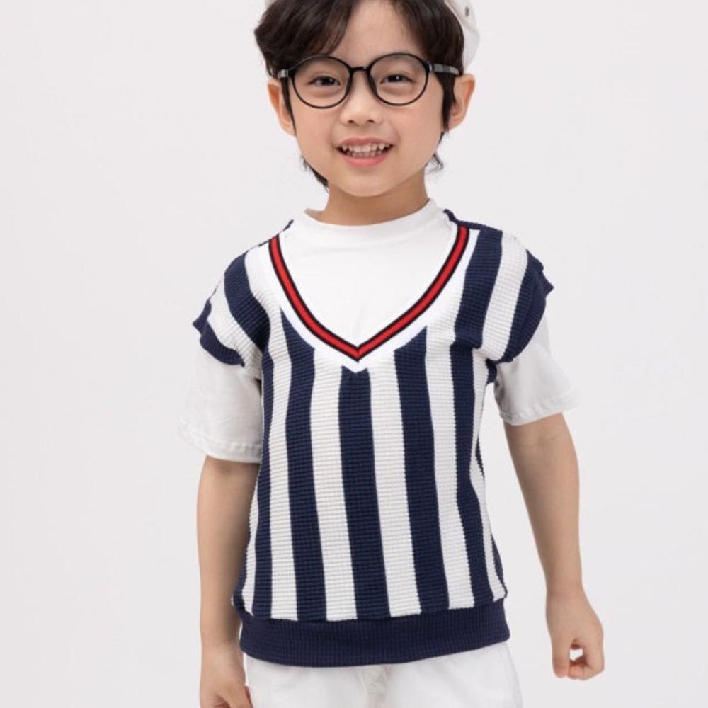 韓國 Coco Bang - 假兩件直條紋短袖上衣-海軍藍