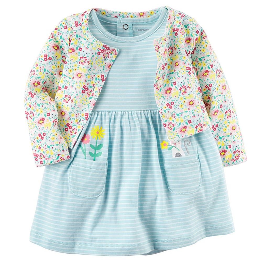 美國 Carter's - 嬰幼兒春夏外套洋裝包屁衣組-白鼠與花