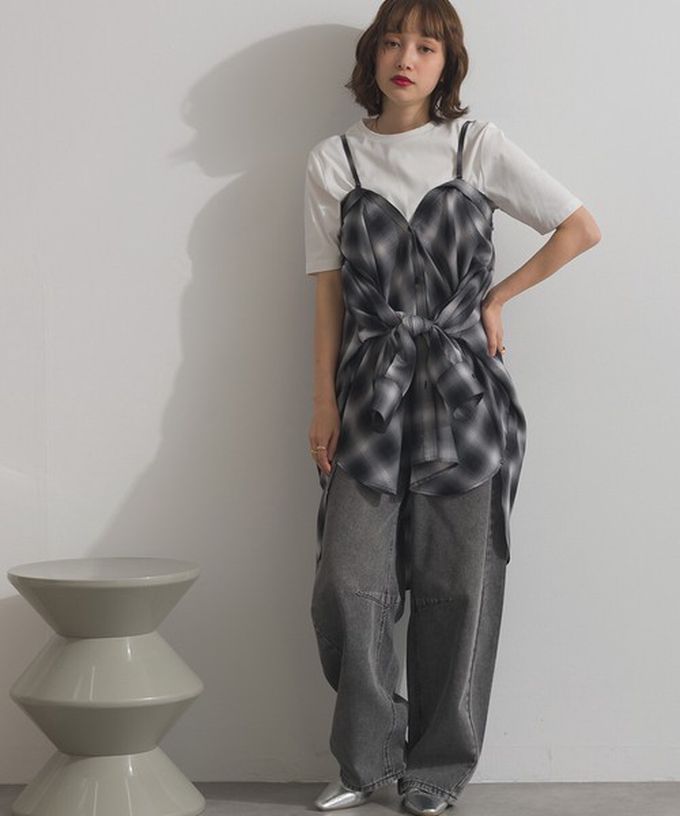 日本 ELENCARE DUE - 2way穿法輕盈透膚寬版薄襯衫-格紋-淺灰綠