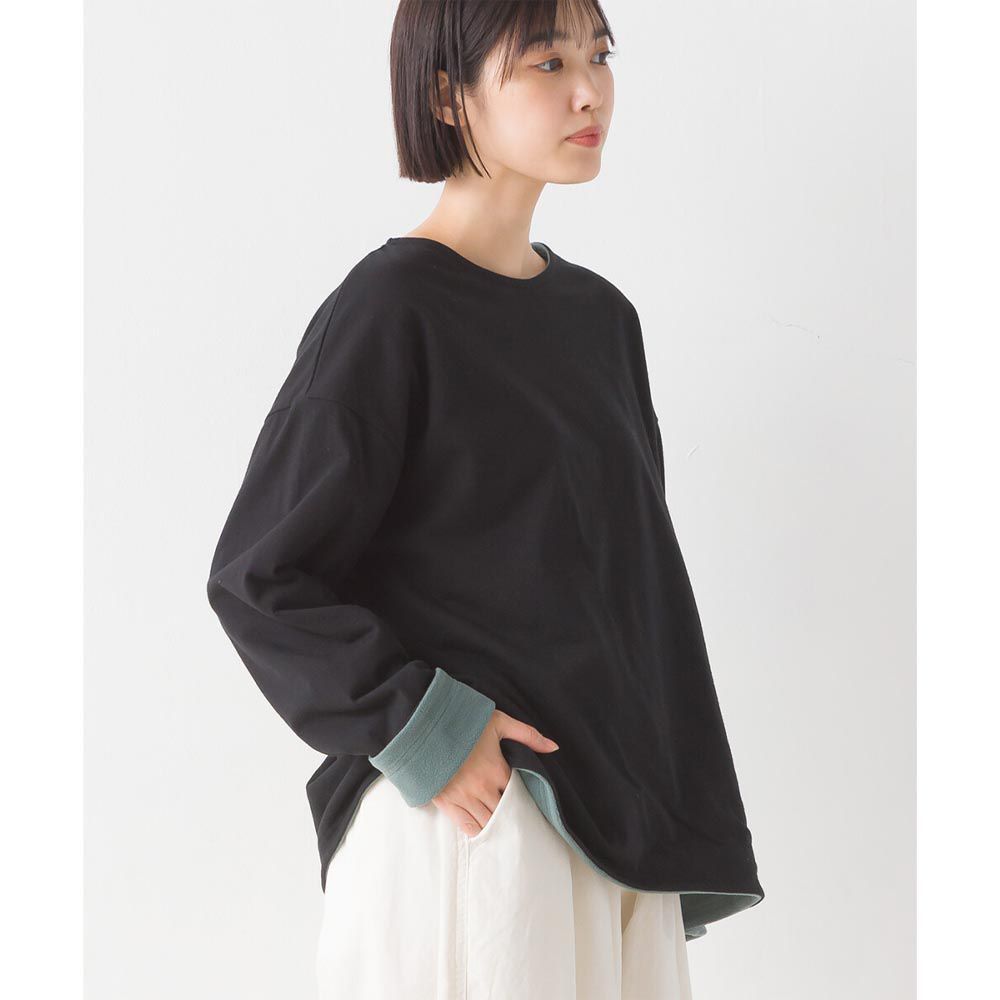 日本 OMNES - 100%棉 圓領撞色長袖上衣-黑x綠