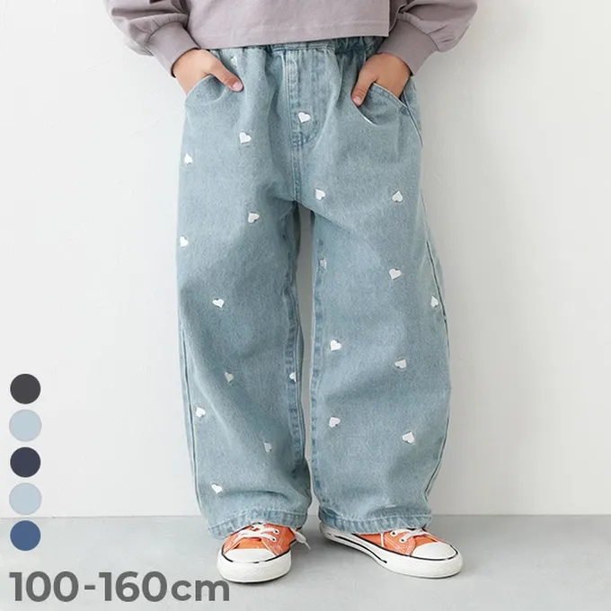 日本 devirock - 甜美亮麗刺繡刷色丹寧寬褲-愛心-黑