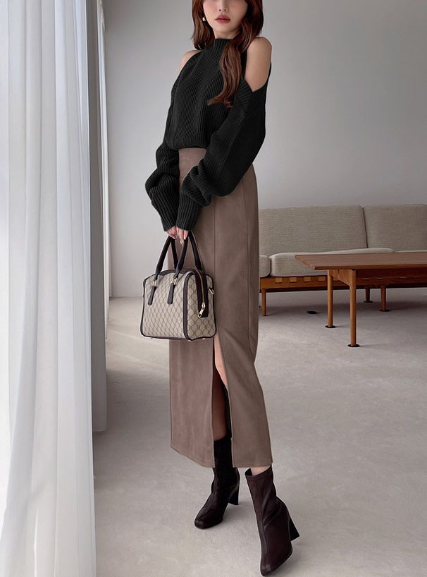 日本 GRL - 優雅百搭開衩麂皮長裙-深可可