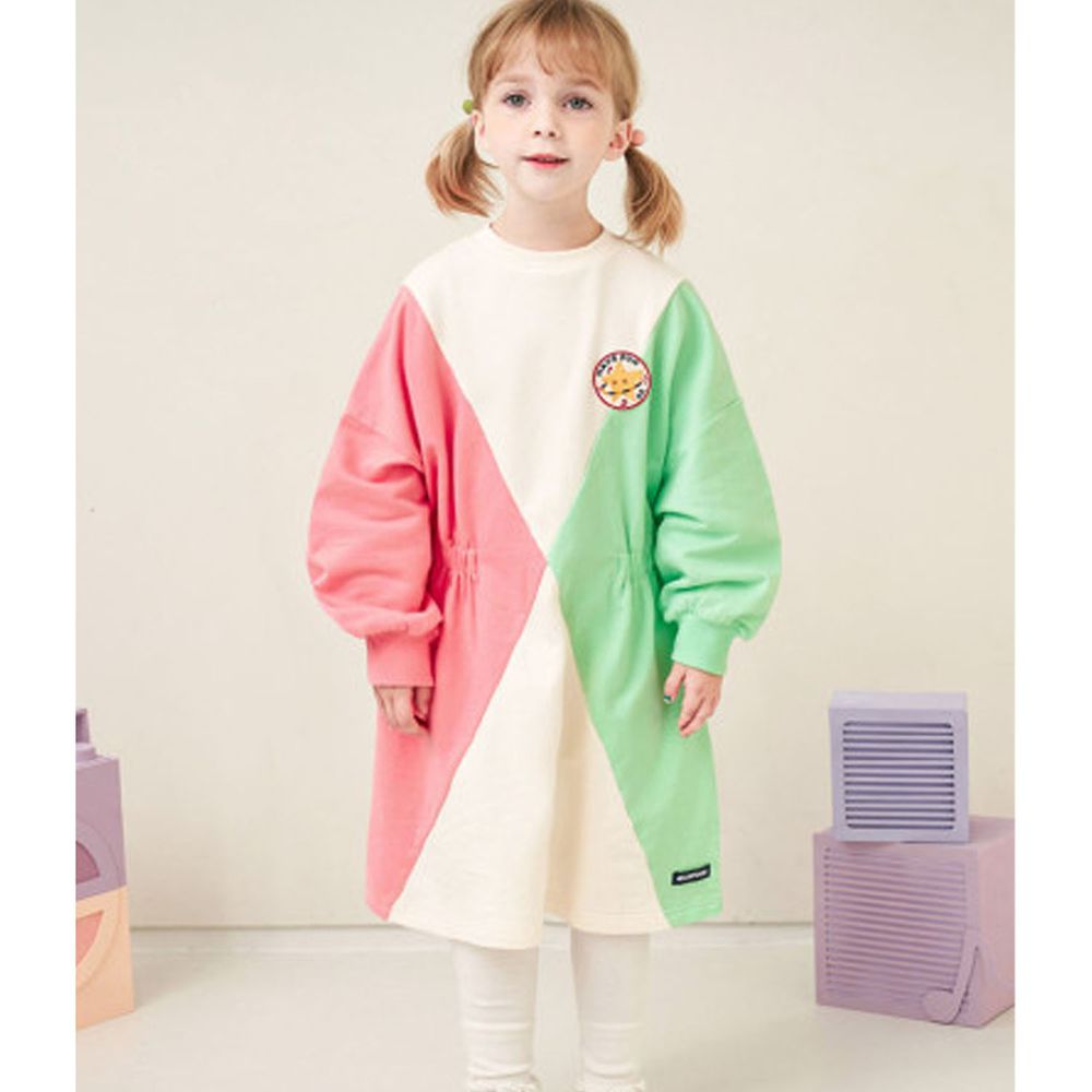 韓國 Jelispoon - 撞色設計泡泡袖長版洋裝-粉紅薄荷綠