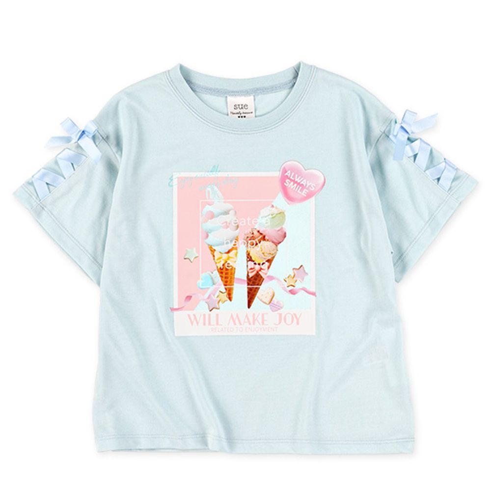 冰淇淋印花甜美緞帶短袖上衣-水藍