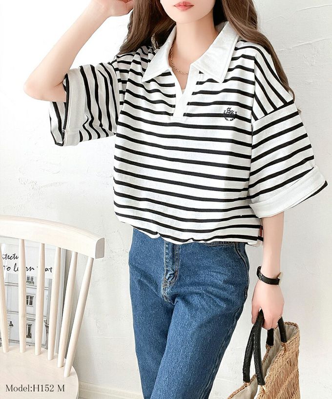 日本 Classical Elf - Java 顯瘦領率性五分袖上衣-白底黑條紋