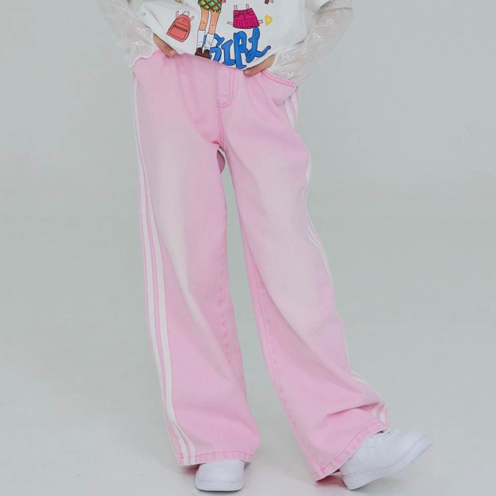 鬆緊腰水洗風格線條點綴落地褲-粉