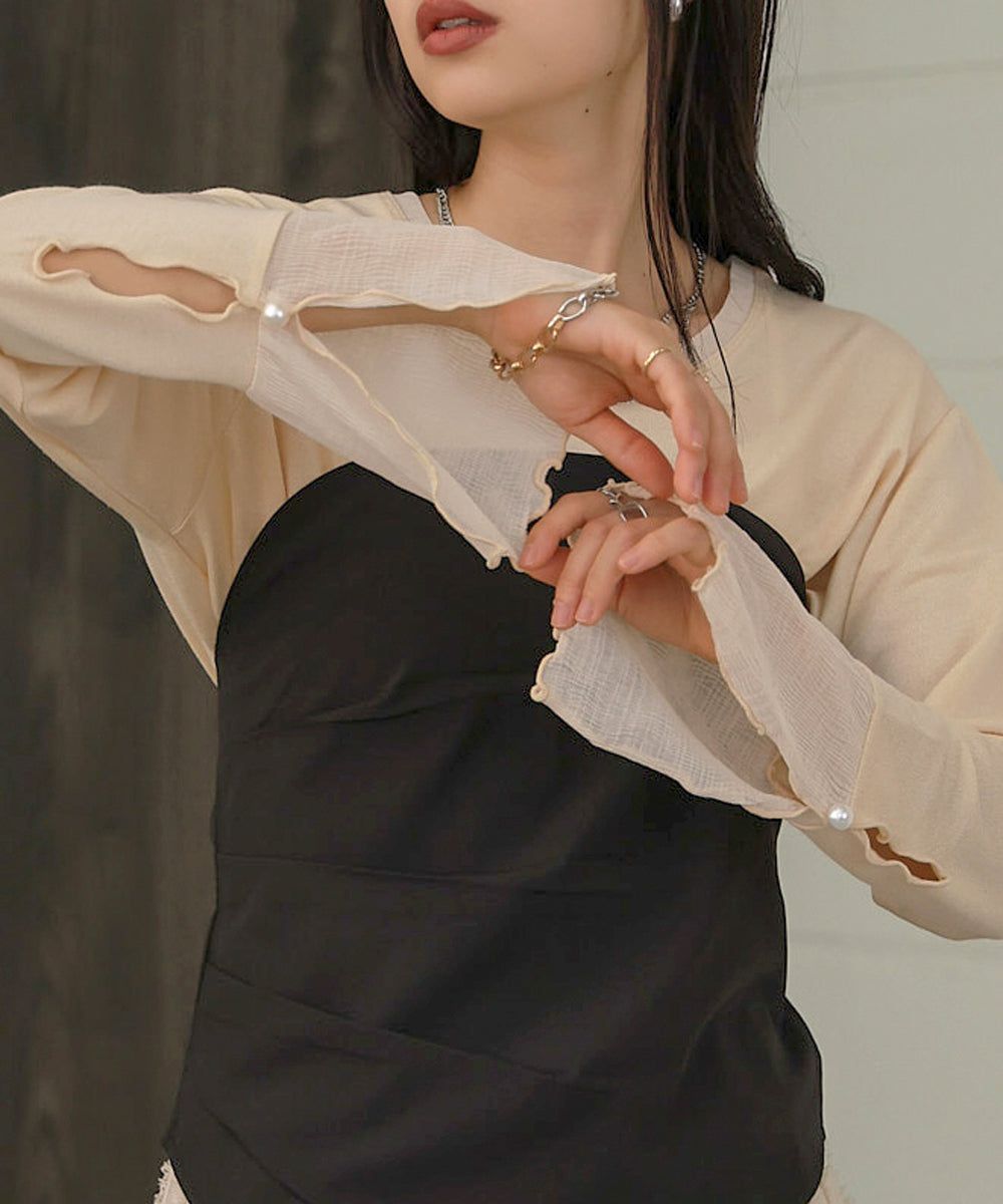 日本 Bab - 楊柳拼接珍珠薄長袖上衣-米杏