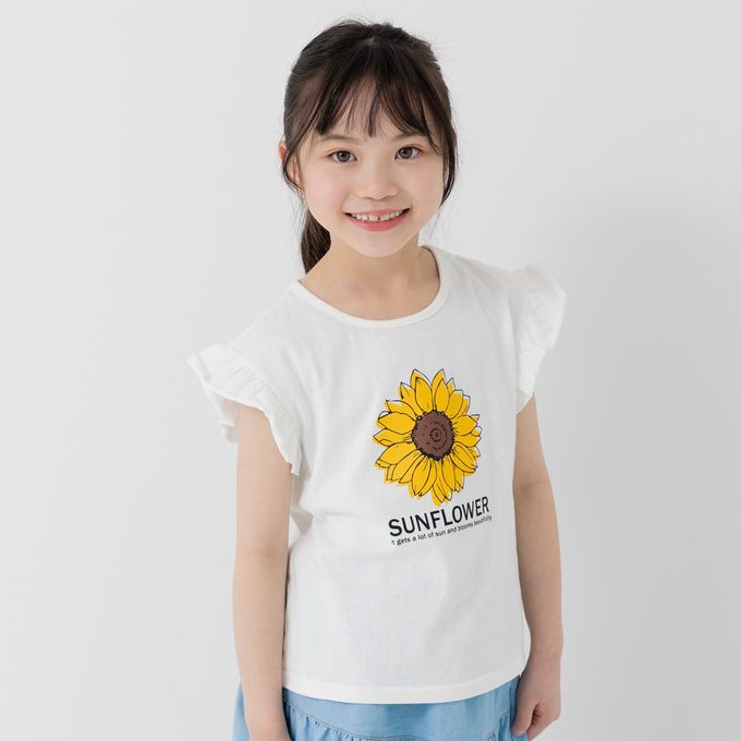 日本 Chil2 - 100%棉 荷葉邊女孩印花短袖上衣-英文logo-水藍