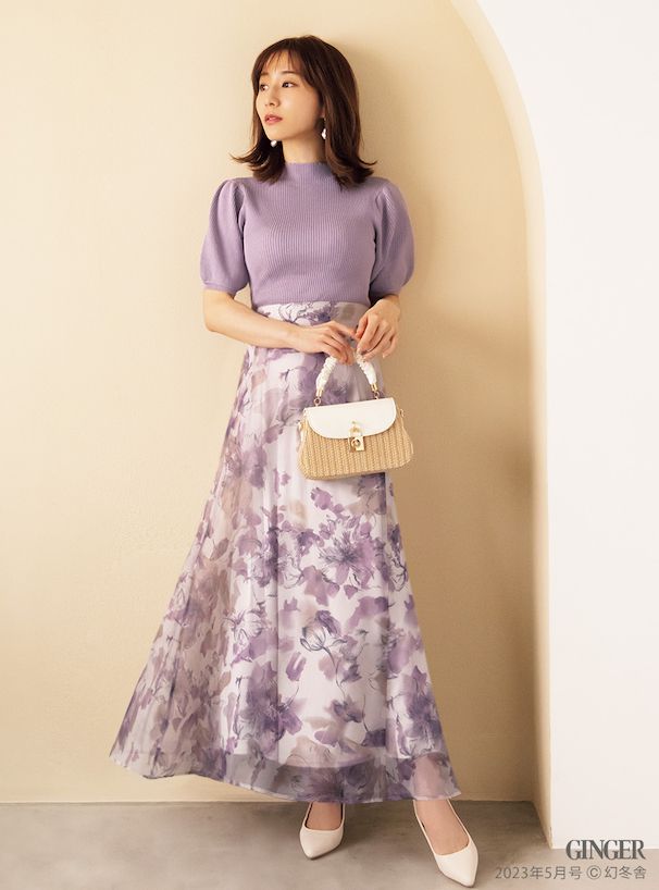 日本 GRL - 聯名款 優雅渲染碎花長裙-淺灰藍