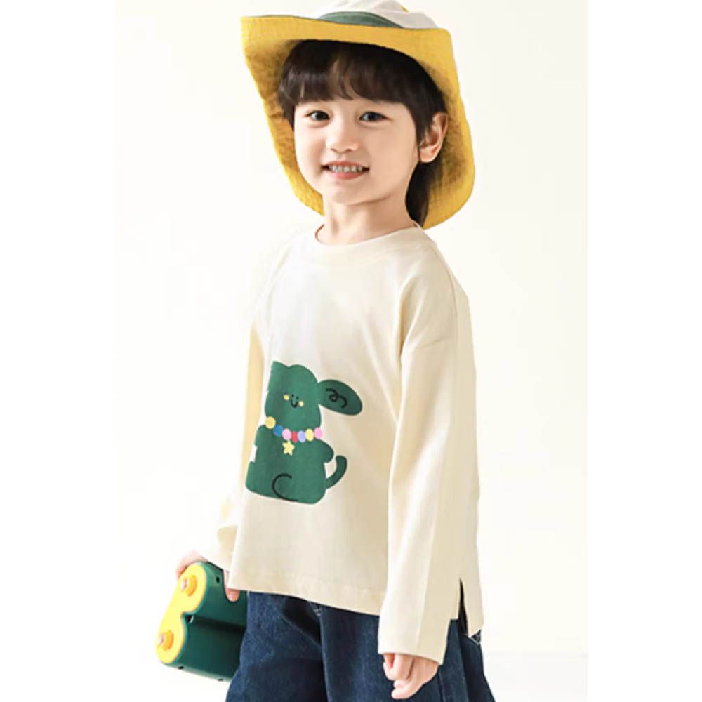 純棉圓領落肩長袖上衣-項鍊寵物-米色