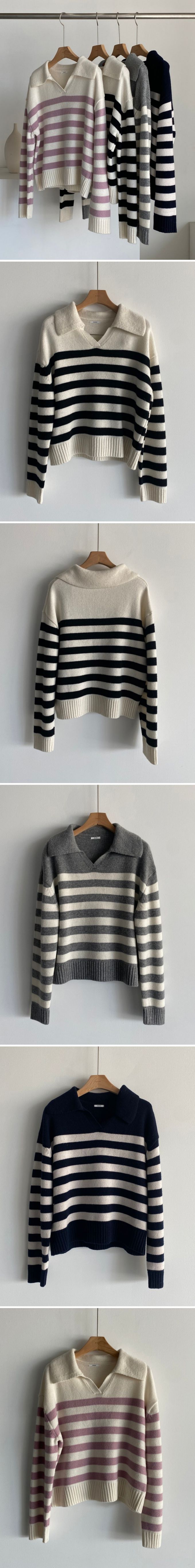 韓國女裝連線 - 精選美麗諾羊毛翻領上衣-米白底X黑條紋 (FREE)