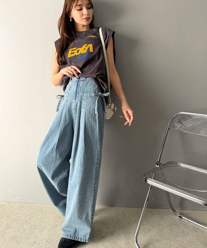 日本 Classical Elf - 側蝴蝶結純棉丹寧摺線寬褲-(環保材質)-霧深藍