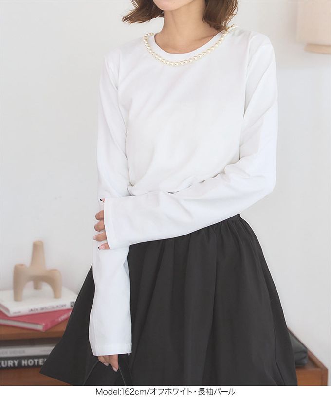 日本 Kobe Lettuce - 小奢華點綴長袖上衣-珍珠項鍊-黑