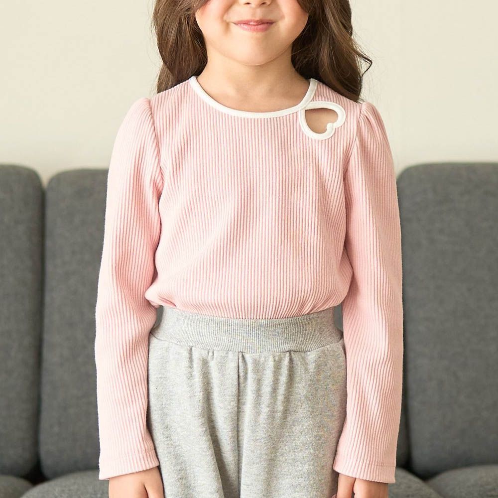 愛心鏤空羅紋長袖上衣-粉紅