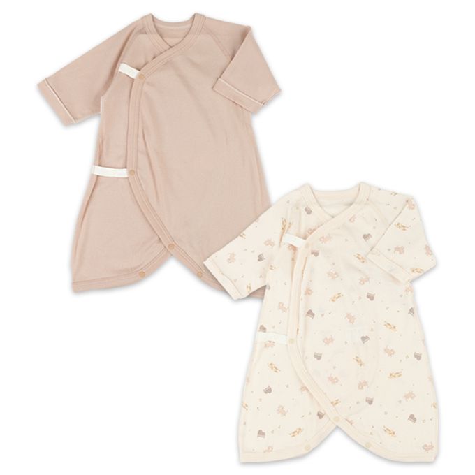 akachan honpo - 長袖蝴蝶裝2件組-按扣款 小貓-粉紅色 (50~60cm)