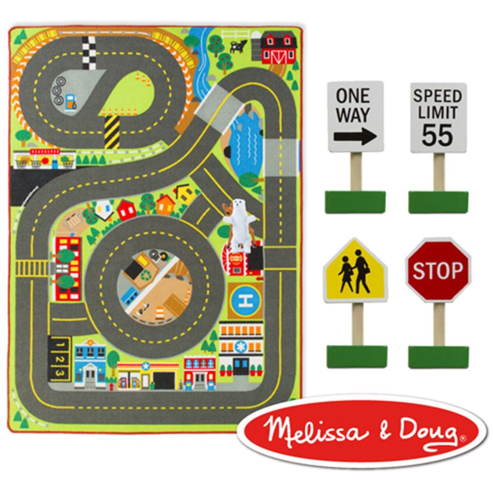 美國瑪莉莎 Melissa & Doug - MD 交通遊戲-地墊,巨型城鎮雙向車道 (200cmX147cm)-內含交通標誌x4