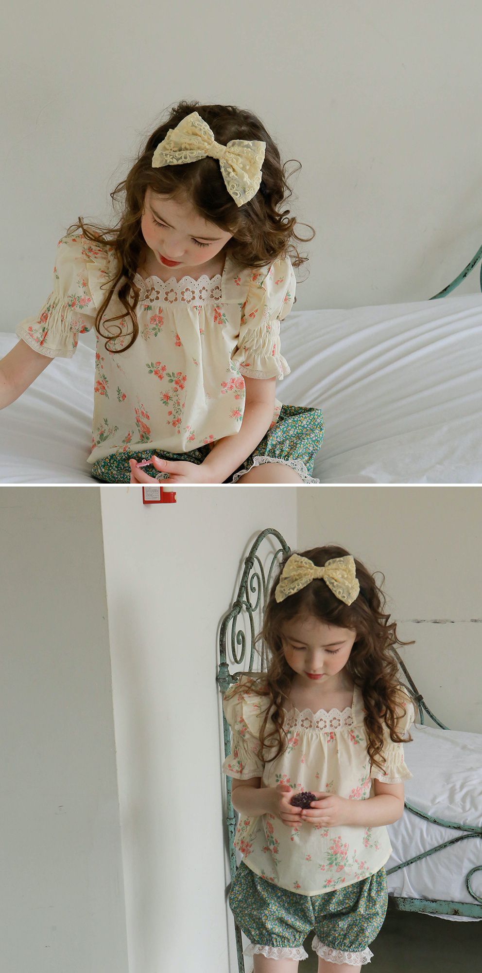 韓國 PuellaFLO - 刺繡花朵雙層蝴蝶結髮箍-鵝黃