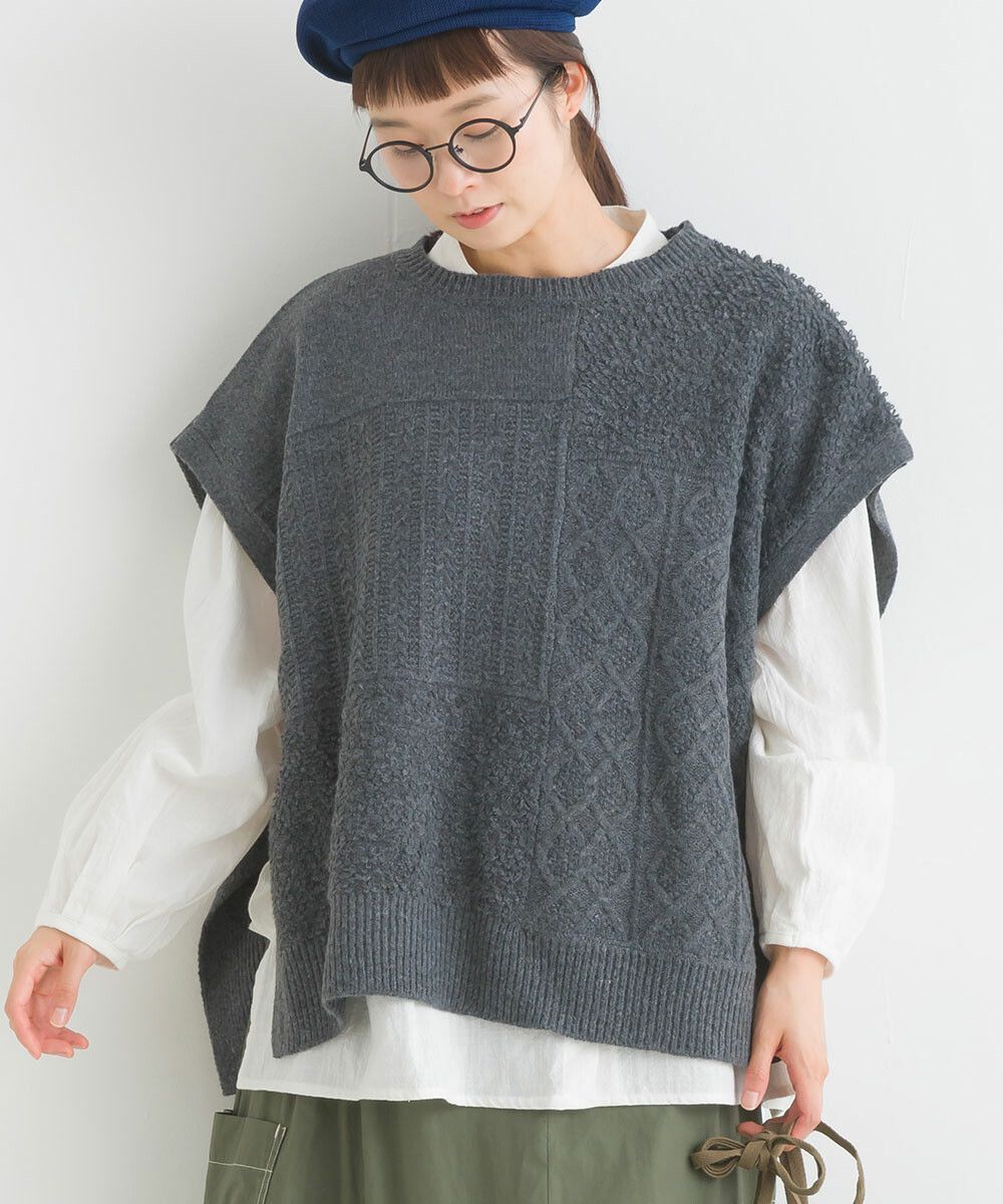 日本女裝代購 - 圓領編織紋拼接針織背心-咖啡