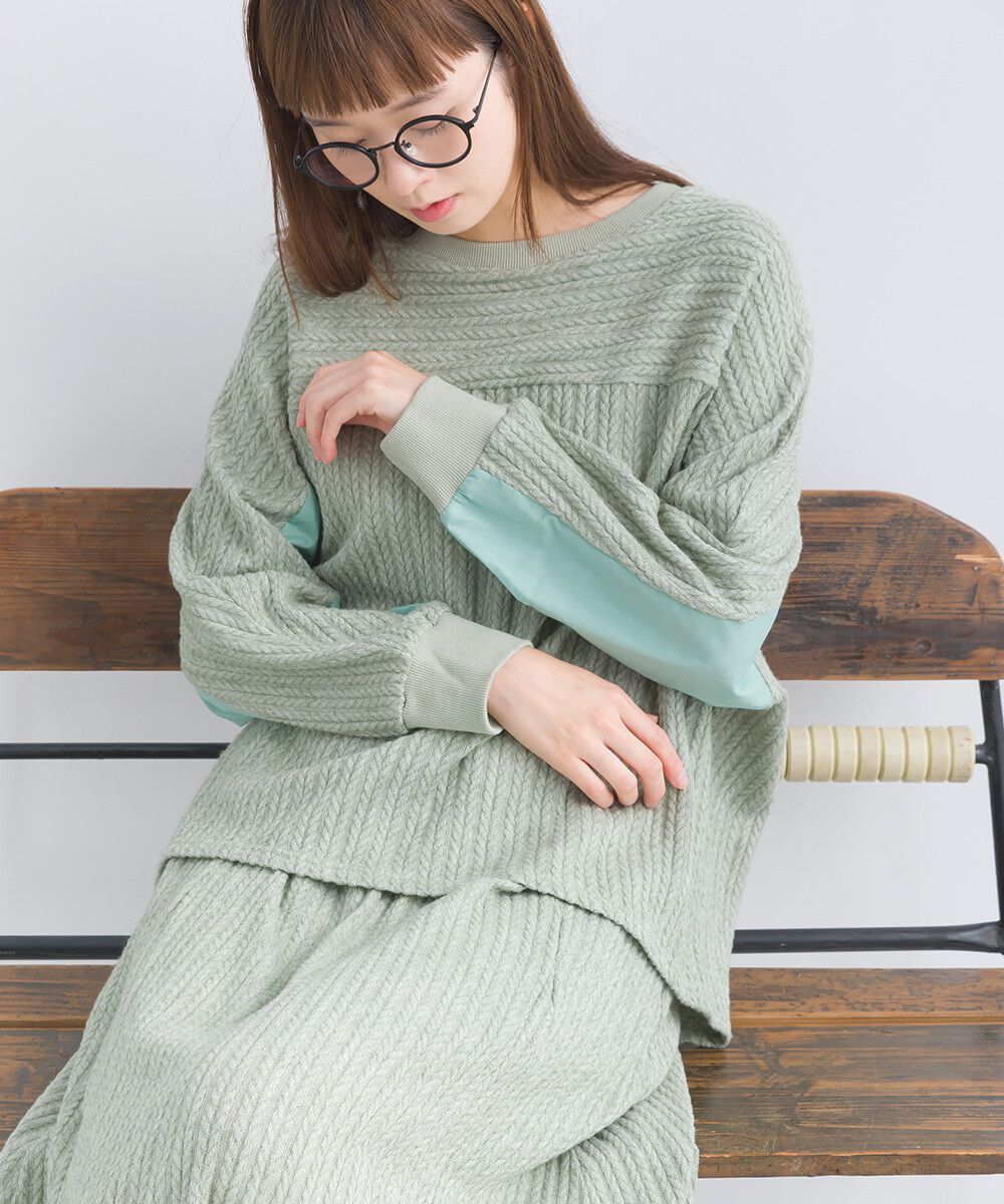 日本女裝代購 - 拼接撞色寬袖麻花針織上衣-灰