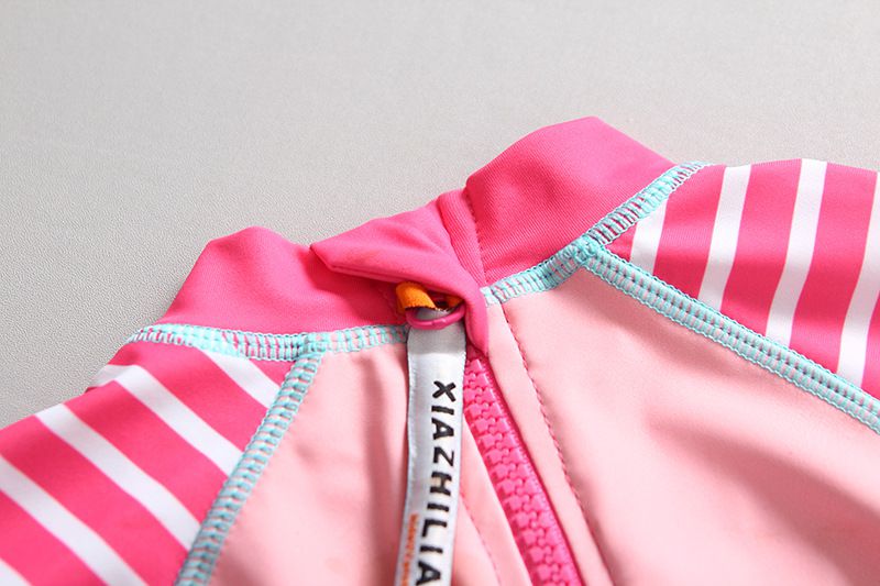 女寶長袖泳裝套裝(附帽子)-條紋+獨角獸-粉色