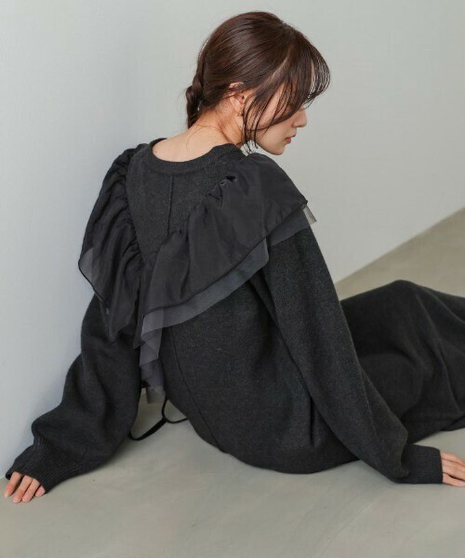 日本 Bab - 交叉薄紗荷葉柔美針織長袖洋裝-咖啡