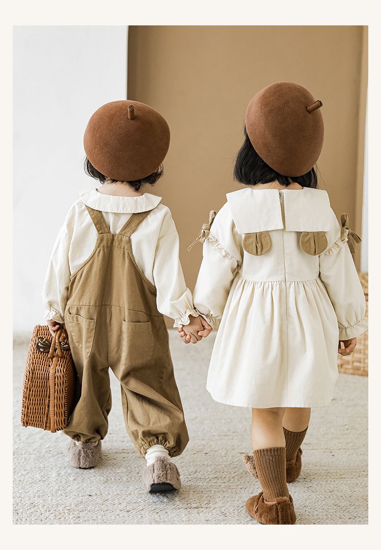 娃娃領公主袖長袖上衣-熊熊-淺杏色