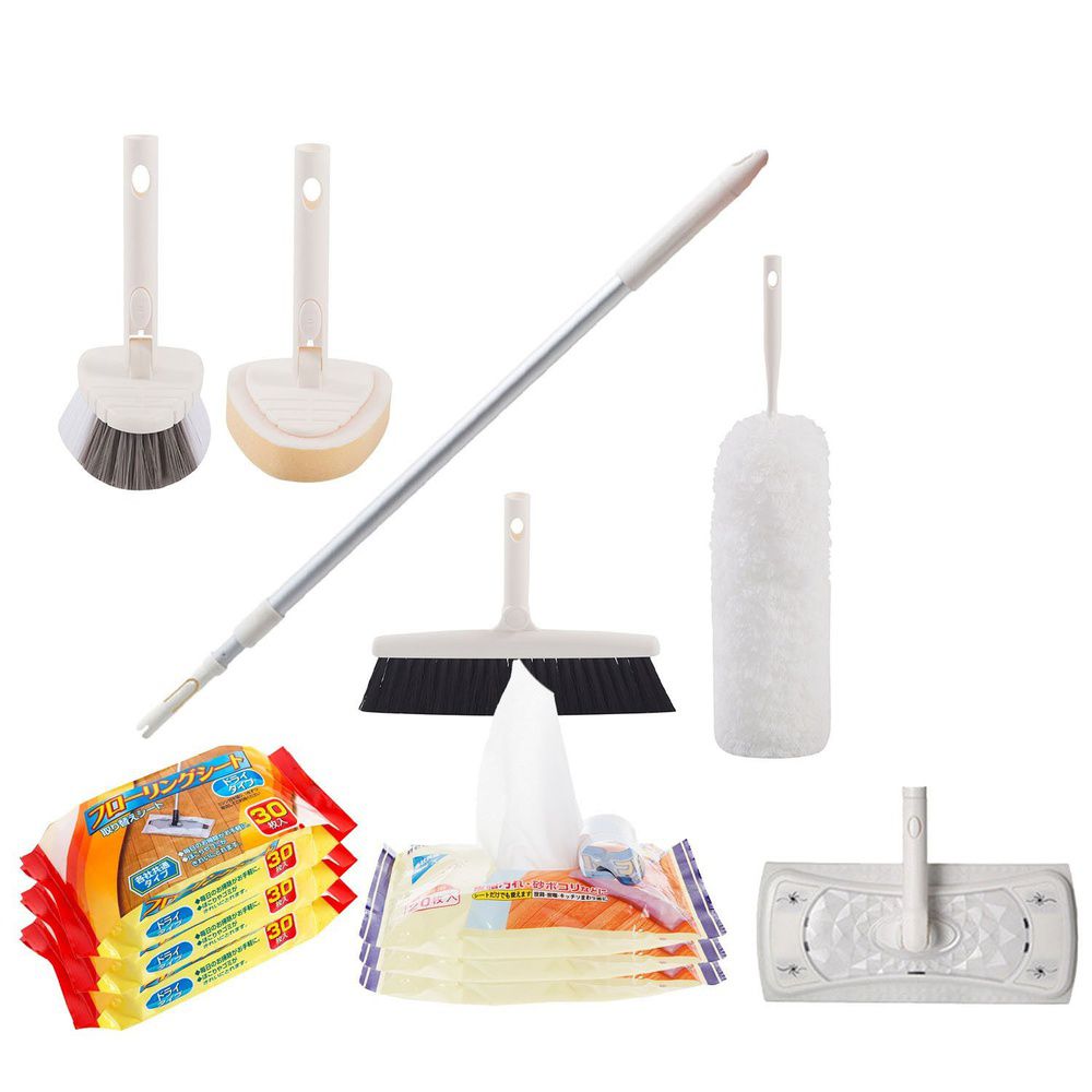 多功能居家清潔掃除套組-常用系列-2節輕巧伸縮桿x1+靜電除塵拖把頭x1+除塵撢頭x1+掃把頭x1+磁磚清潔刷頭x1+海綿刷頭x1+乾巾x3+濕巾x3