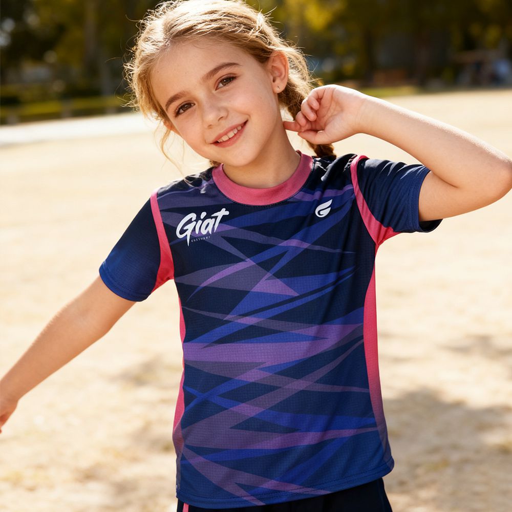 兒童設計款吸濕排汗休閒運動衣-短袖-閃痕/粉紫