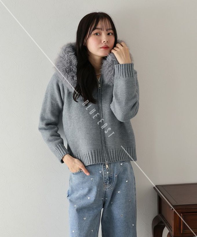 日本 BLUE EAST - 澎澎可愛毛絨帽雙拉鍊針織外套-黑