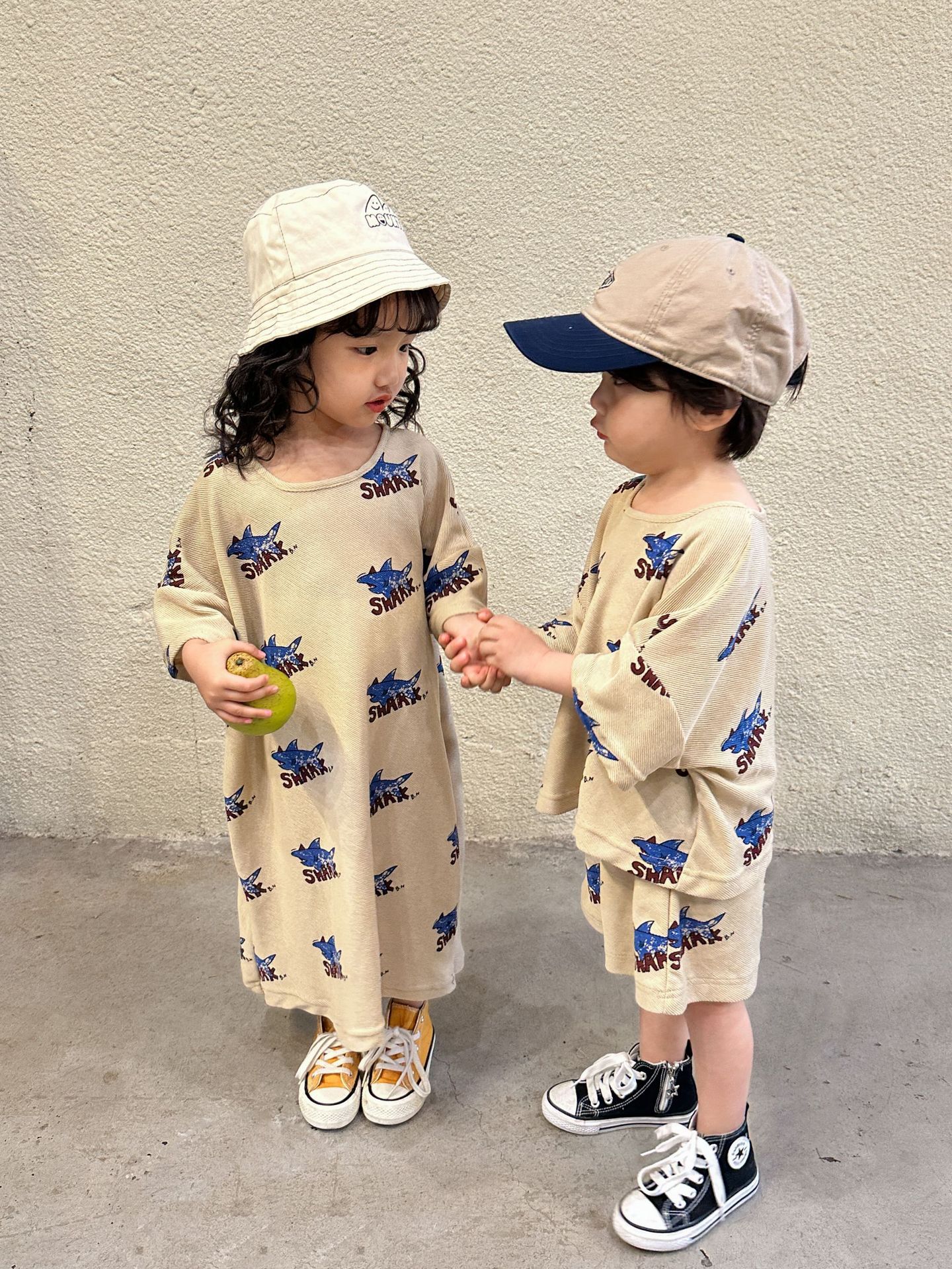 棉質圓領七分袖連身裙-鯊魚-卡其色