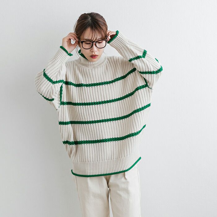 日本 ihuu - 率性線條高領厚針織長袖上衣-黑x白條紋