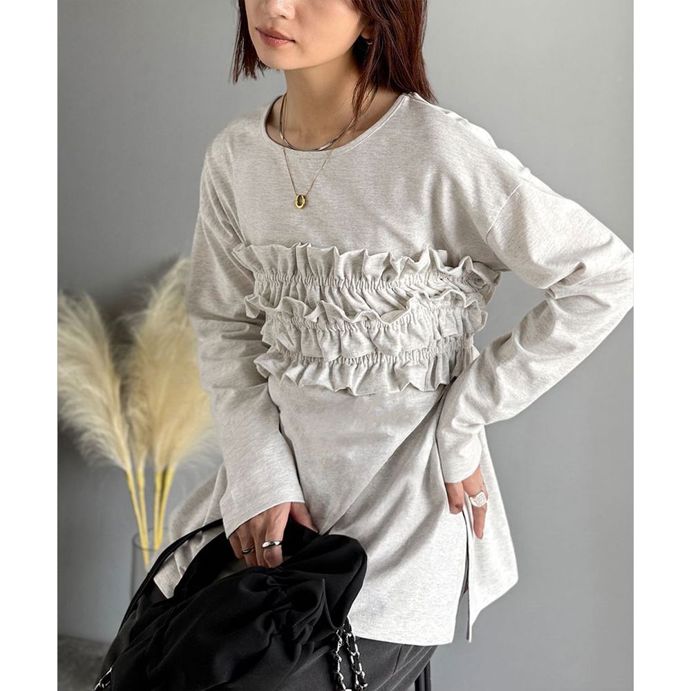 時尚造型圓領長袖上衣(附荷葉腰帶)-燕麥